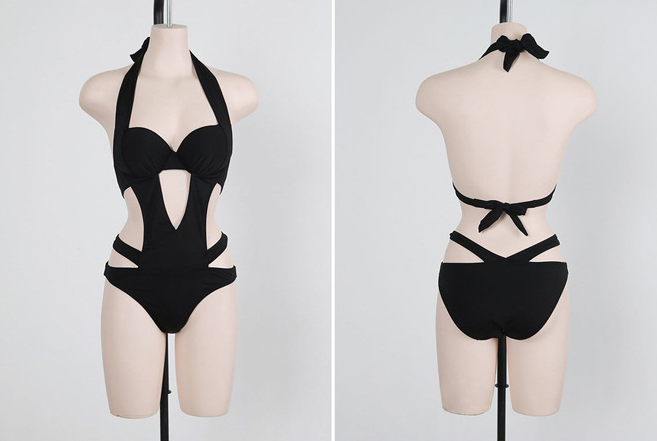 One Piece Sexy Black Halter Cut Out Bandage Trikini Bathing Suit