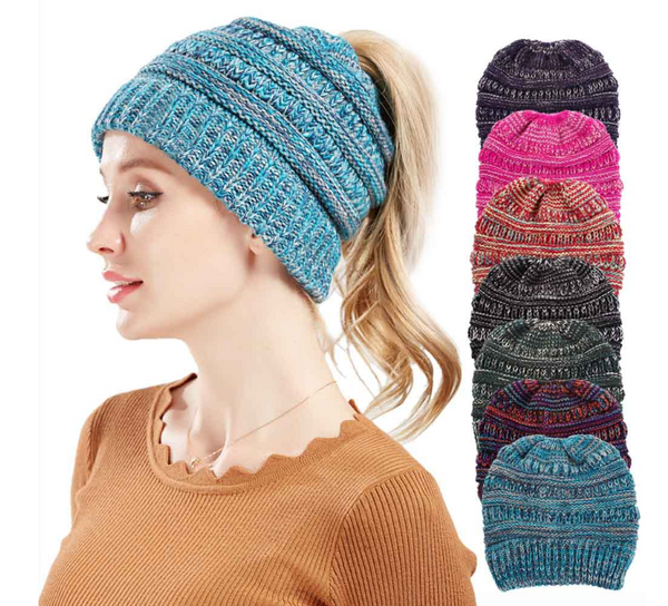 Mixed Color Knitted Wool Ladies Ponytail Hat